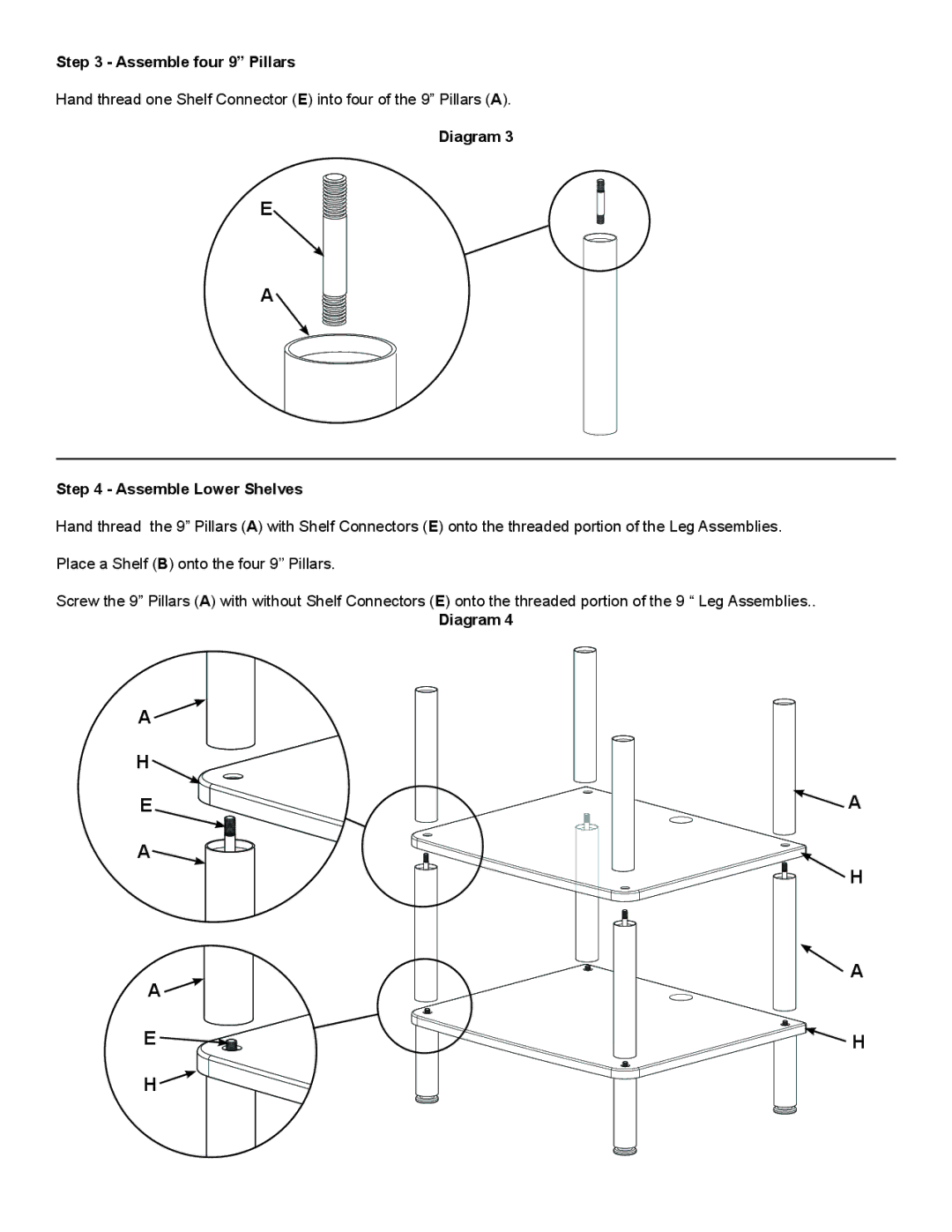 Sanus Systems AFDV manual Assemble four 9 Pillars, Diagram Assemble Lower Shelves 