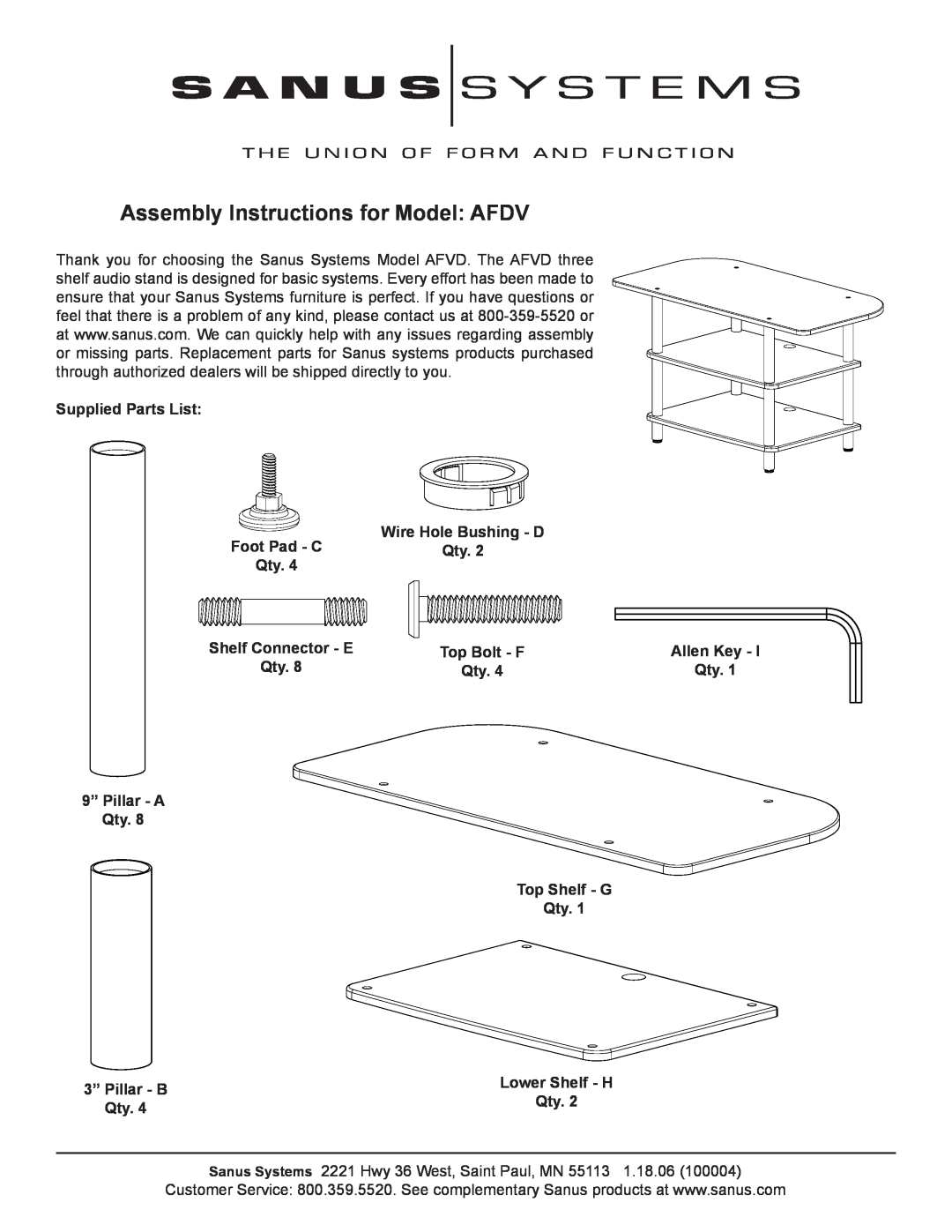 Sanus Systems AFDV manual Supplied Parts List, 9” Pillar - A Qty. 3” Pillar - B Qty, Wire Hole Bushing - D Qty 