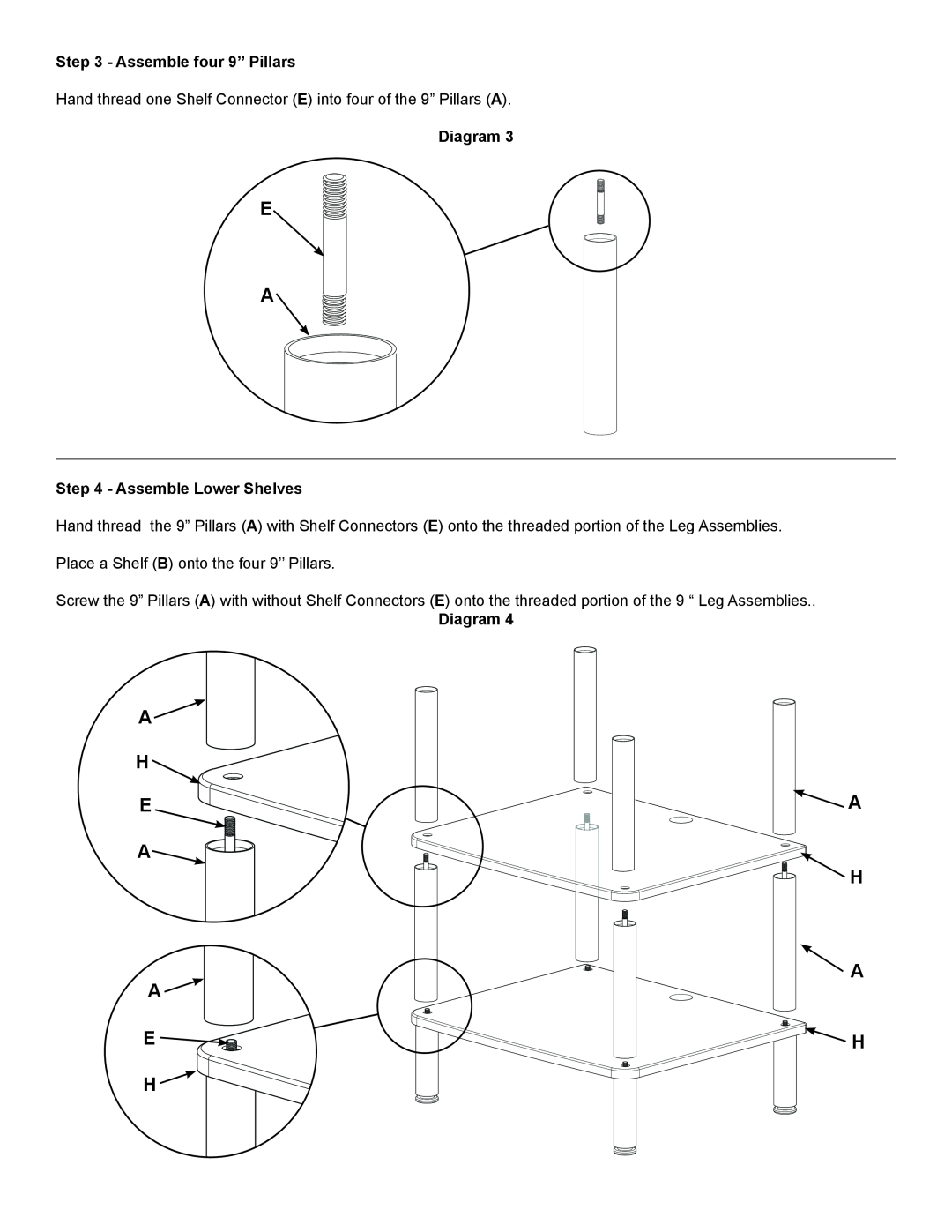 Sanus Systems AFDV manual A H E A A H A A E H H, Assemble four 9” Pillars, Assemble Lower Shelves, Diagram 