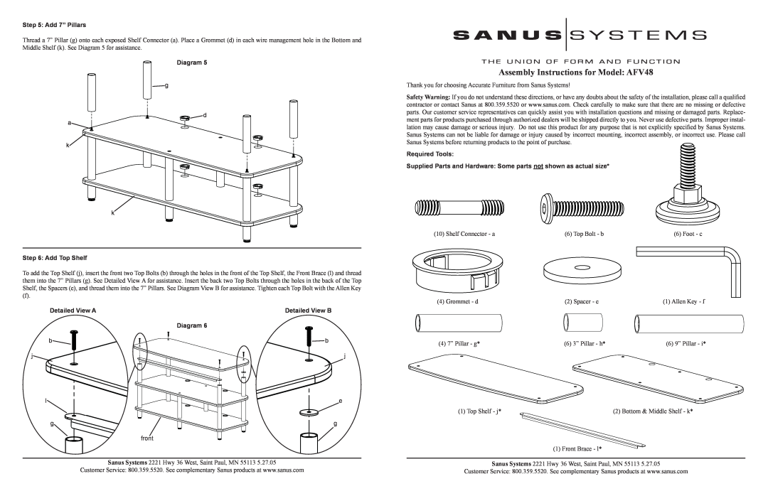 Sanus Systems AFV48 manual Add 7” Pillars, Diagram, Add Top Shelf, Detailed View A, Detailed View B, Required Tools 