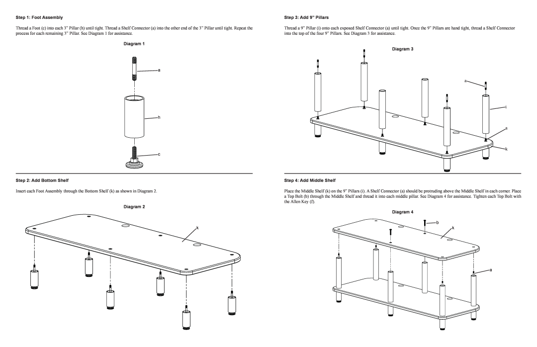 Sanus Systems AFV48 manual Foot Assembly, Add Bottom Shelf, Add 9” Pillars, Add Middle Shelf, Diagram 