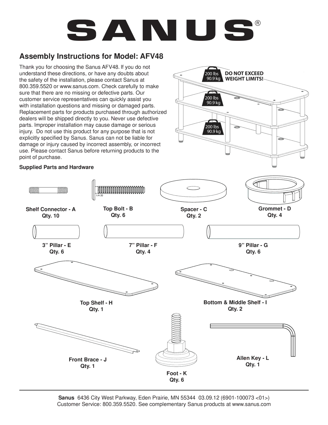 Sanus Systems AFV48B manual Assembly Instructions for Model AFV48 