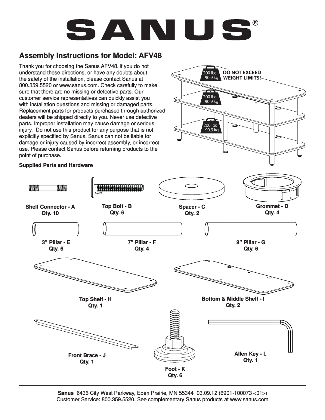 Sanus Systems AFV48B manual Assembly Instructions for Model AFV48, lbs 90.9 kg 200 lbs 90.9 kg 