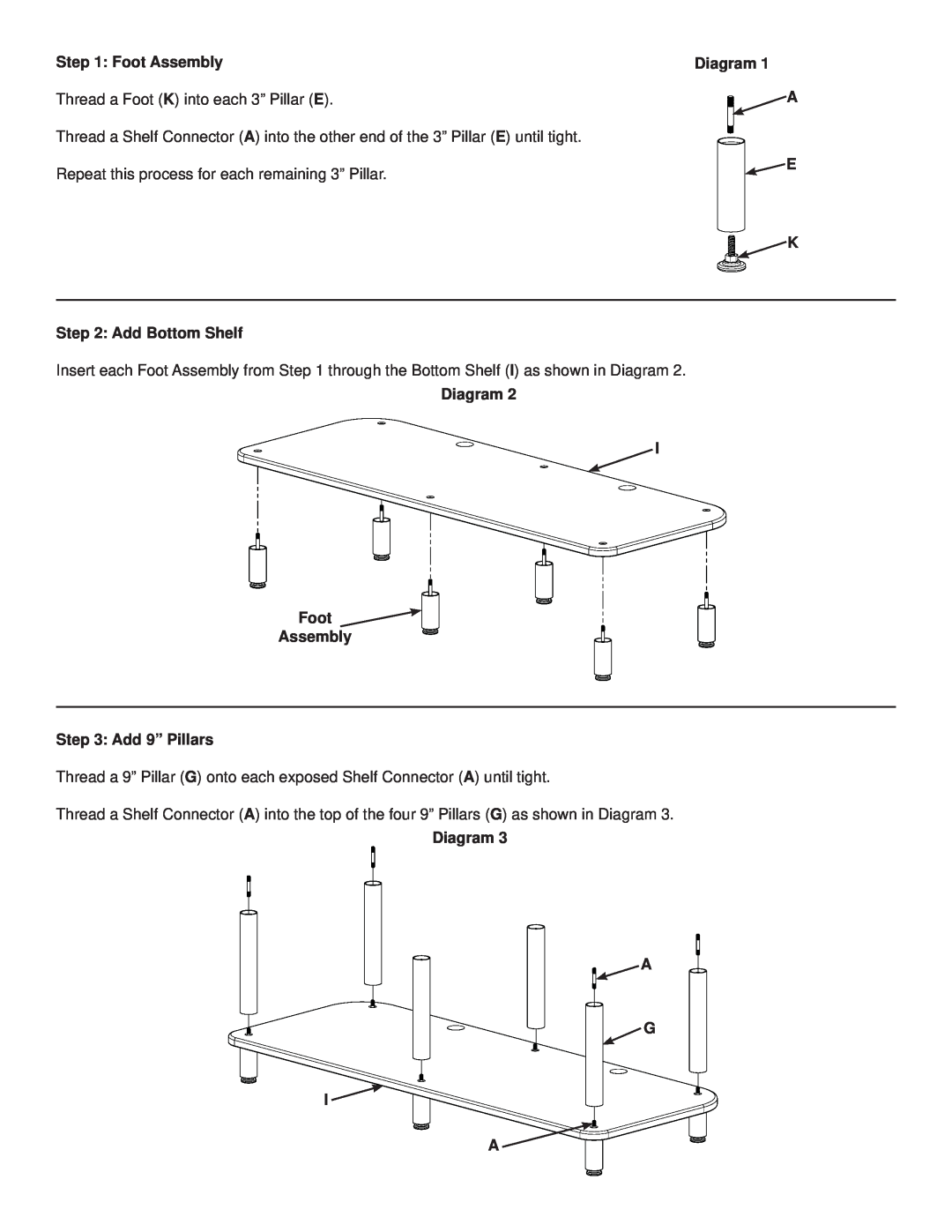 Sanus Systems AFV48B manual Diagram A E K, Add Bottom Shelf, Diagram I Foot Assembly Add 9” Pillars, Diagram A G I A 
