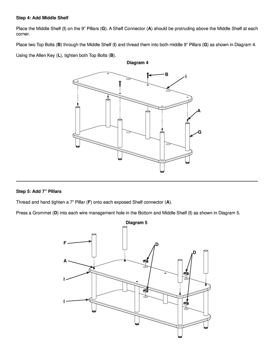 Sanus Systems AFV48B manual Add Middle Shelf, Diagram B A G Add 7” Pillars, F A I 