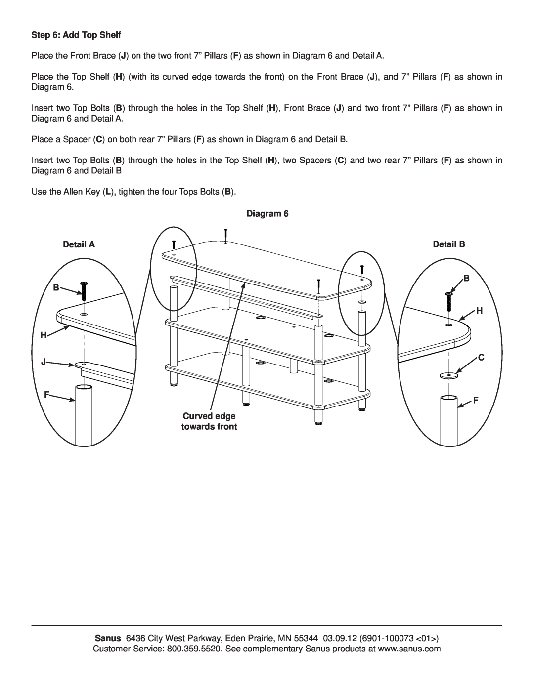 Sanus Systems AFV48B manual Add Top Shelf, Diagram Detail A B H J F Curved edge towards front, Detail B B H C F 