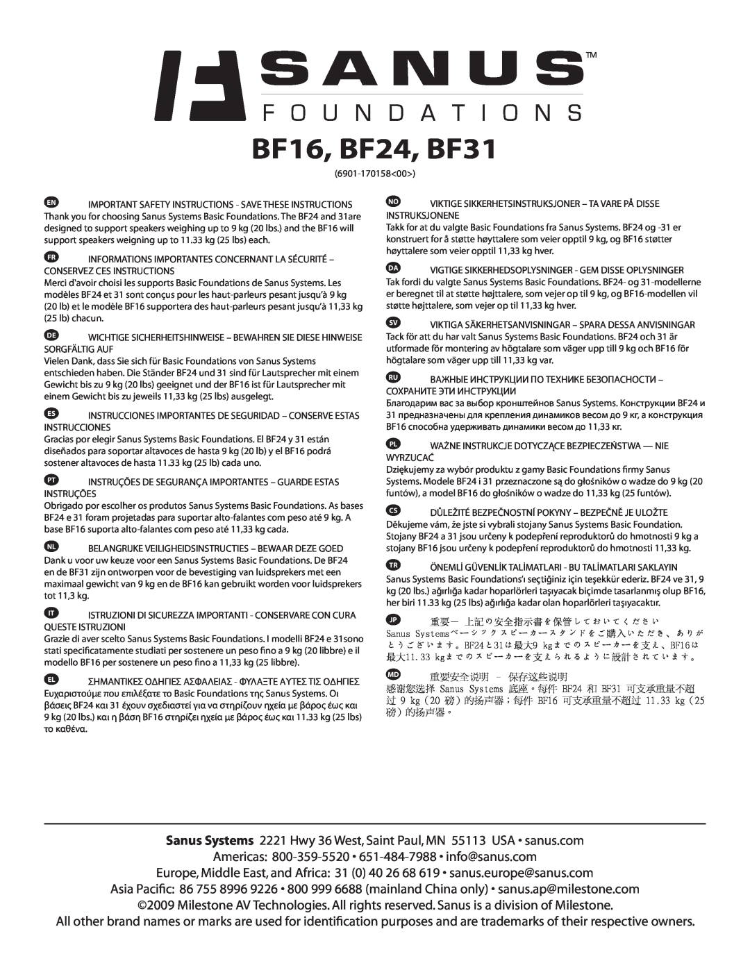 Sanus Systems important safety instructions BF16, BF24, BF31, Wyrzucać 