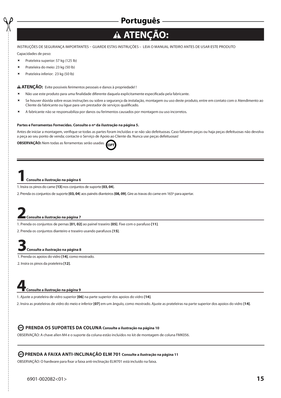 Sanus Systems BFAV344 manual Atenção, 1Consulte a ilustração na página, 2Consulte a ilustração na página 