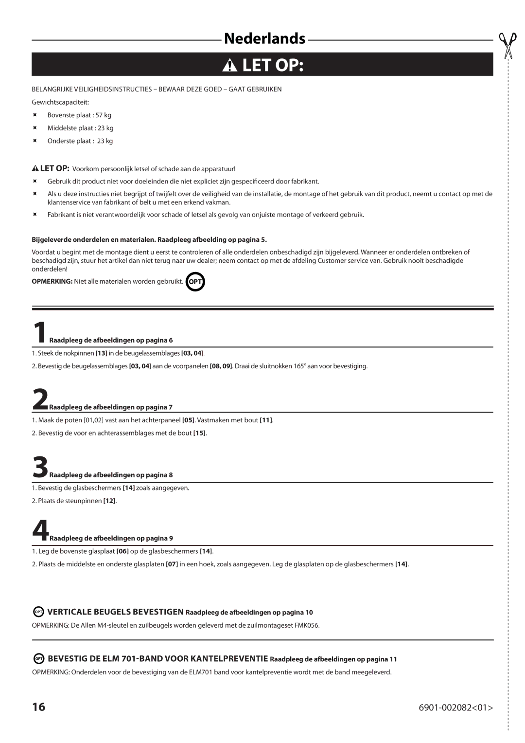 Sanus Systems BFAV344 manual Let Op, 1Raadpleeg de afbeeldingen op pagina, 2Raadpleeg de afbeeldingen op pagina 