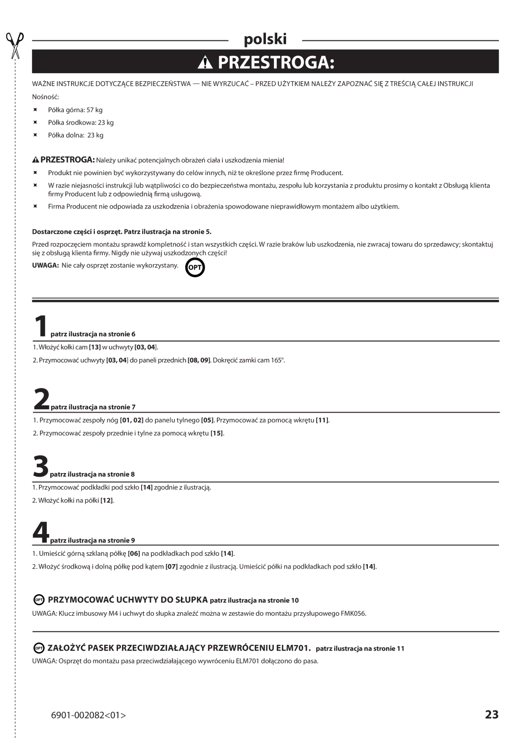 Sanus Systems BFAV344 manual Przestroga 