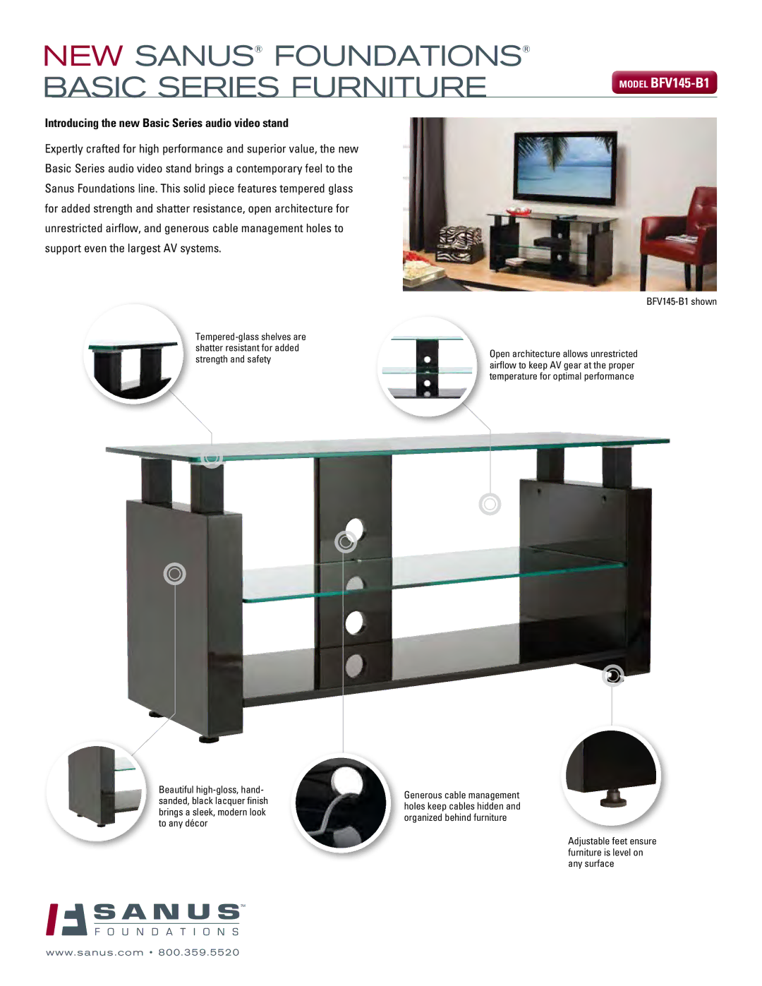 Sanus Systems manual NEW sanus Foundations Basic Series Furniture, Model BFV145-B1, BFV145-B1 shown 