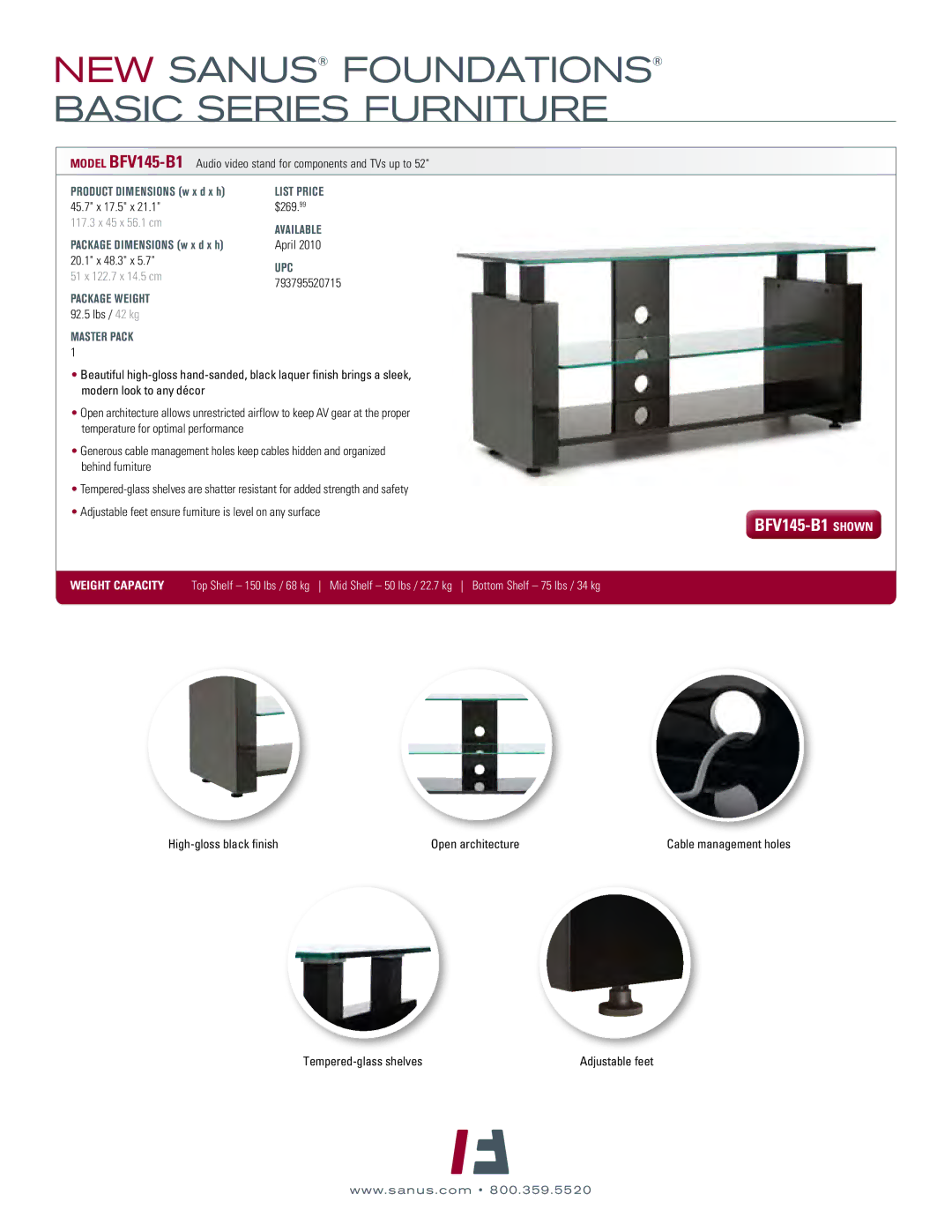 Sanus Systems manual BFV145-B1 shown, Lbs / 42 kg, Master Pack, Available, April 