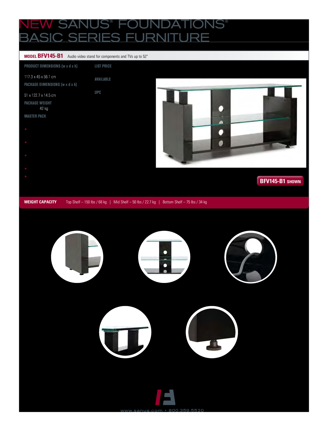 Sanus Systems NEW sanus FOUNDATIONS Basic Series Furniture, BFV145-B1 shown, 117.3 x 45 x 56.1 cm, 51 x 122.7 x 14.5 cm 