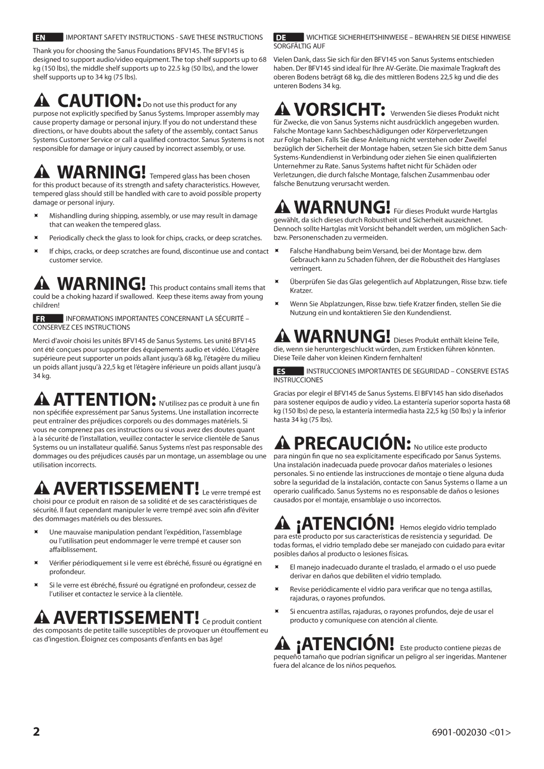 Sanus Systems BFV145 manual Important Safety Instructions Save These Instructions 