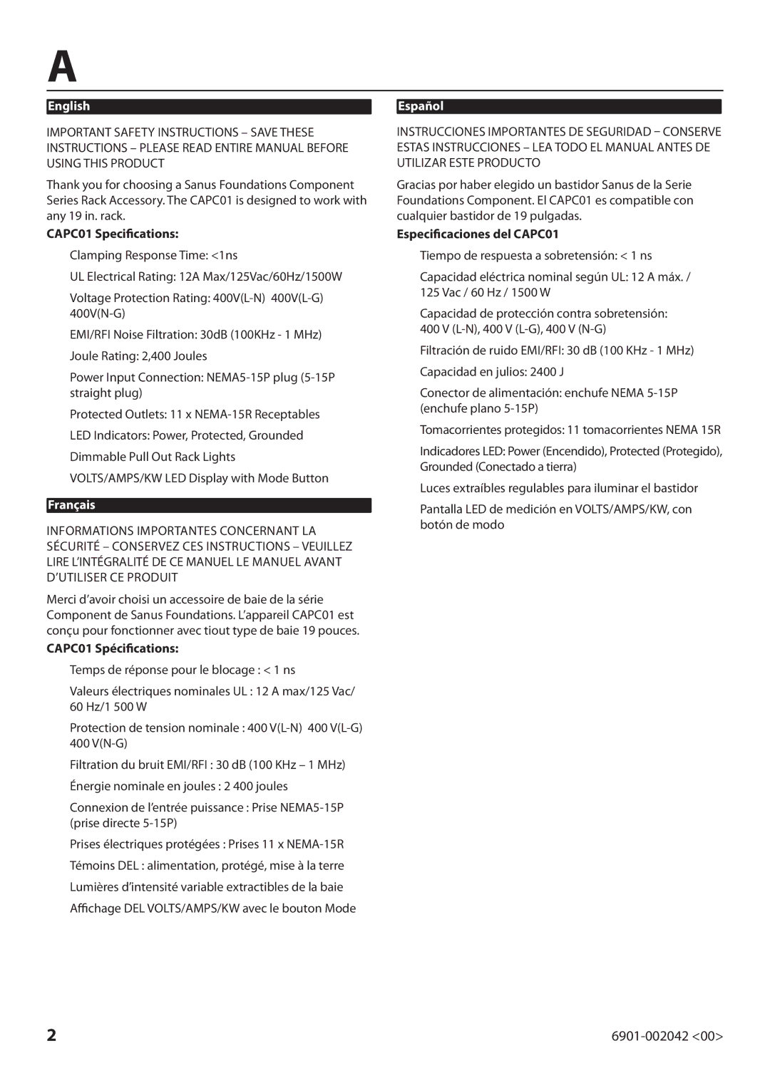 Sanus Systems CAPCO1 manual CAPC01 Specifications, CAPC01 Spécifications, Especificaciones del CAPC01 