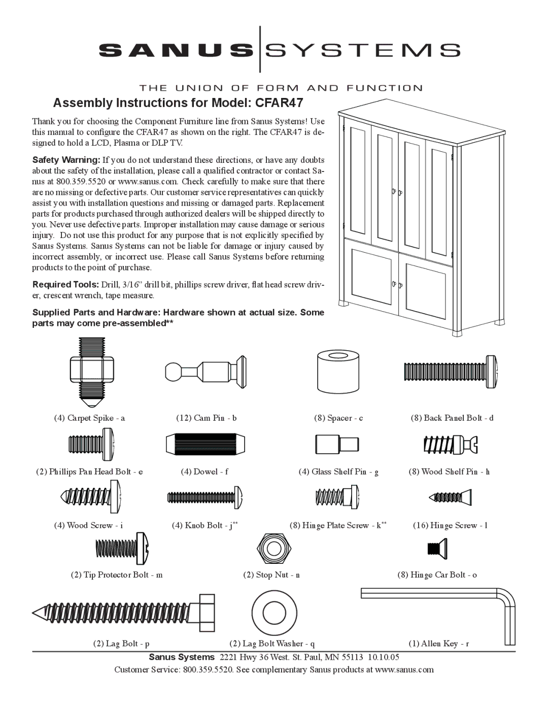 Sanus Systems manual Assembly Instructions for Model CFAR47 