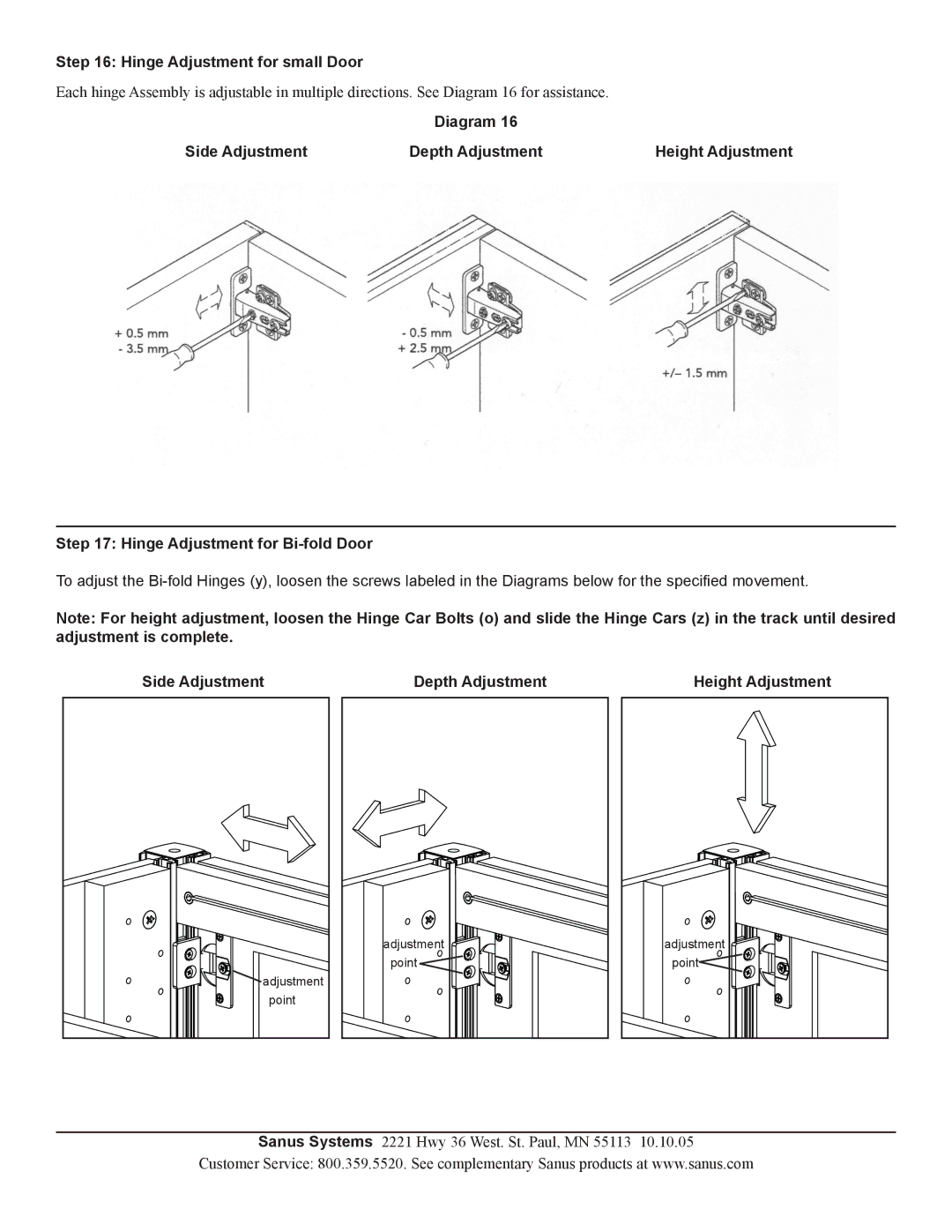 Sanus Systems CFAR47 manual Hinge Adjustment for small Door, Side Adjustment Depth Adjustment Height Adjustment 