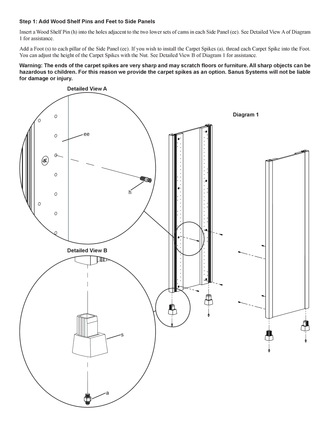 Sanus Systems CFAR47 manual Add Wood Shelf Pins and Feet to Side Panels, Detailed View a Diagram Detailed View B 