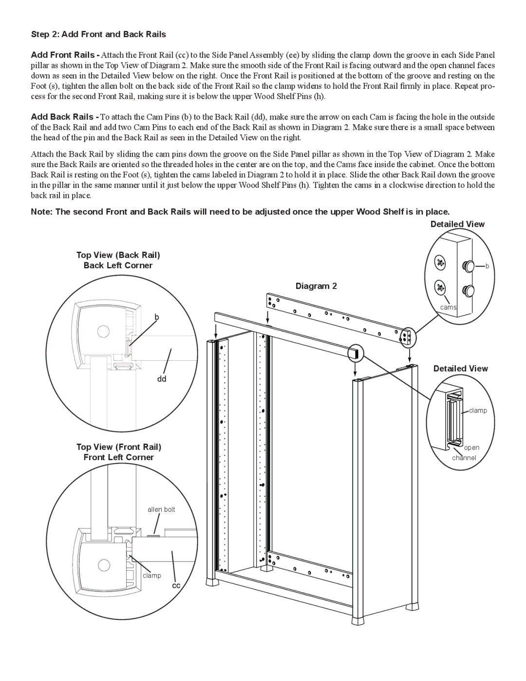 Sanus Systems CFAR47 manual Add Front and Back Rails, Back Left Corner Diagram, Detailed View dd, Front Left Corner 