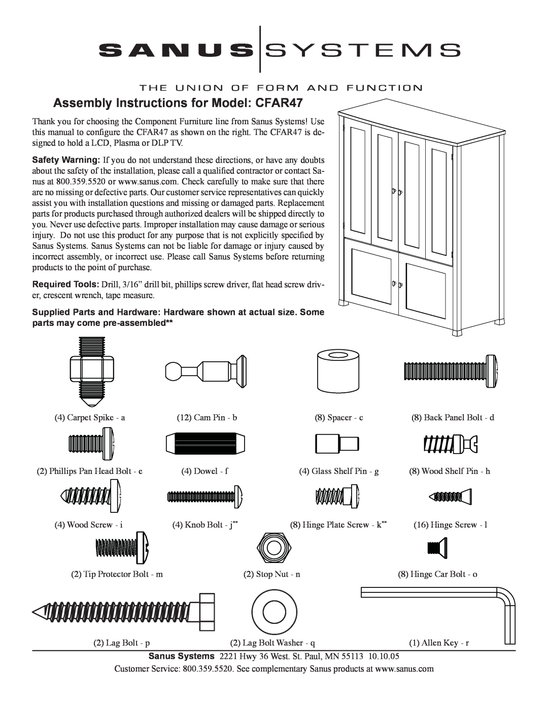 Sanus Systems manual Assembly Instructions for Model CFAR47 