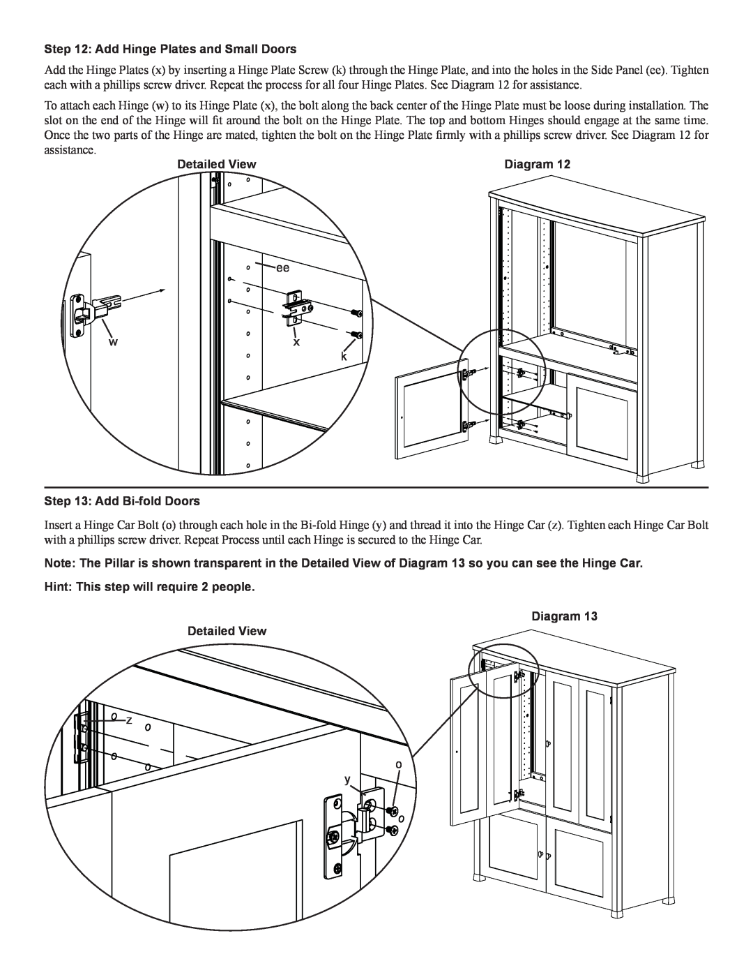 Sanus Systems CFAR47 manual Add Hinge Plates and Small Doors, Add Bi-fold Doors, Detailed View, Diagram 