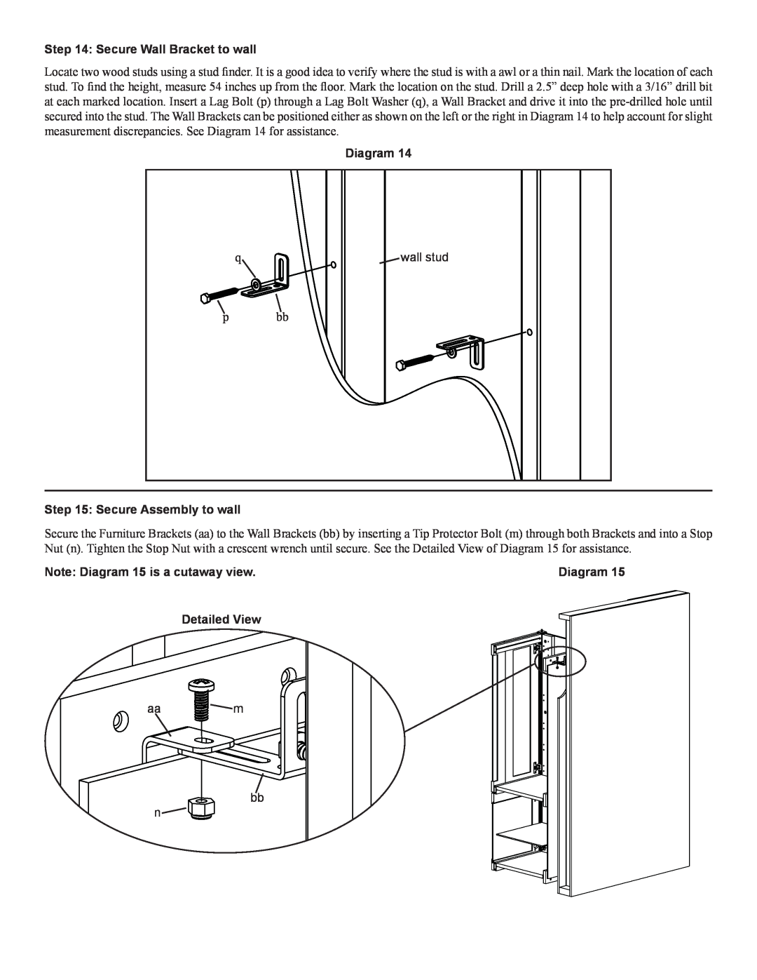 Sanus Systems CFAR47 manual Secure Wall Bracket to wall, Secure Assembly to wall, Note Diagram 15 is a cutaway view 