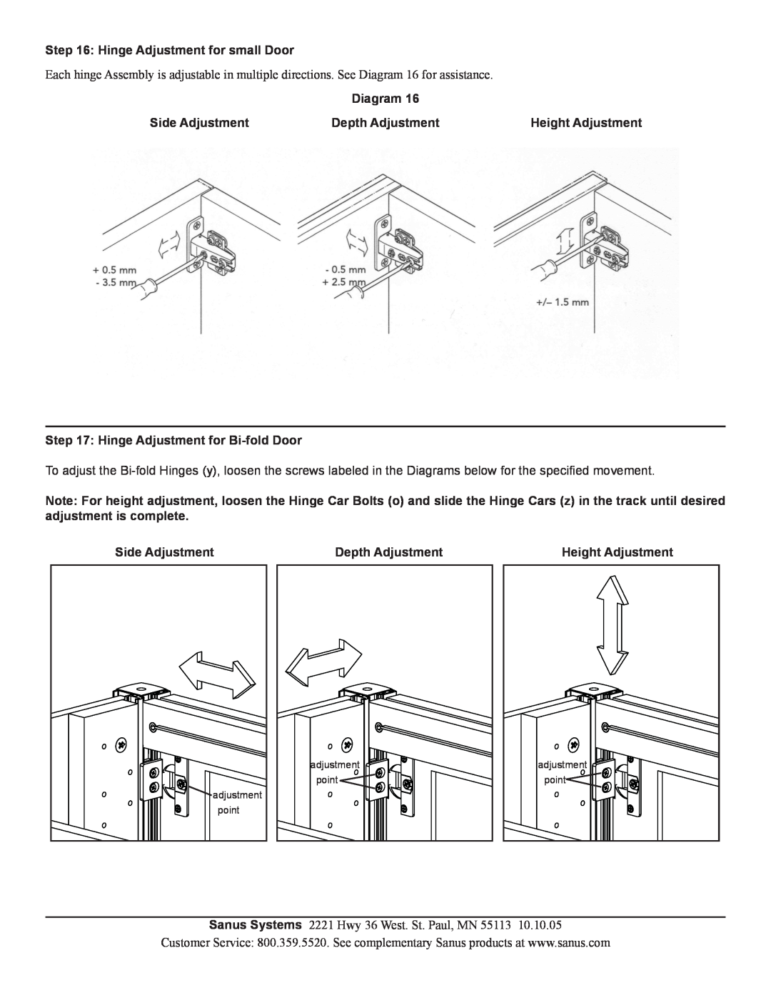Sanus Systems CFAR47 manual Hinge Adjustment for small Door, Side Adjustment, Depth Adjustment, Height Adjustment, Diagram 
