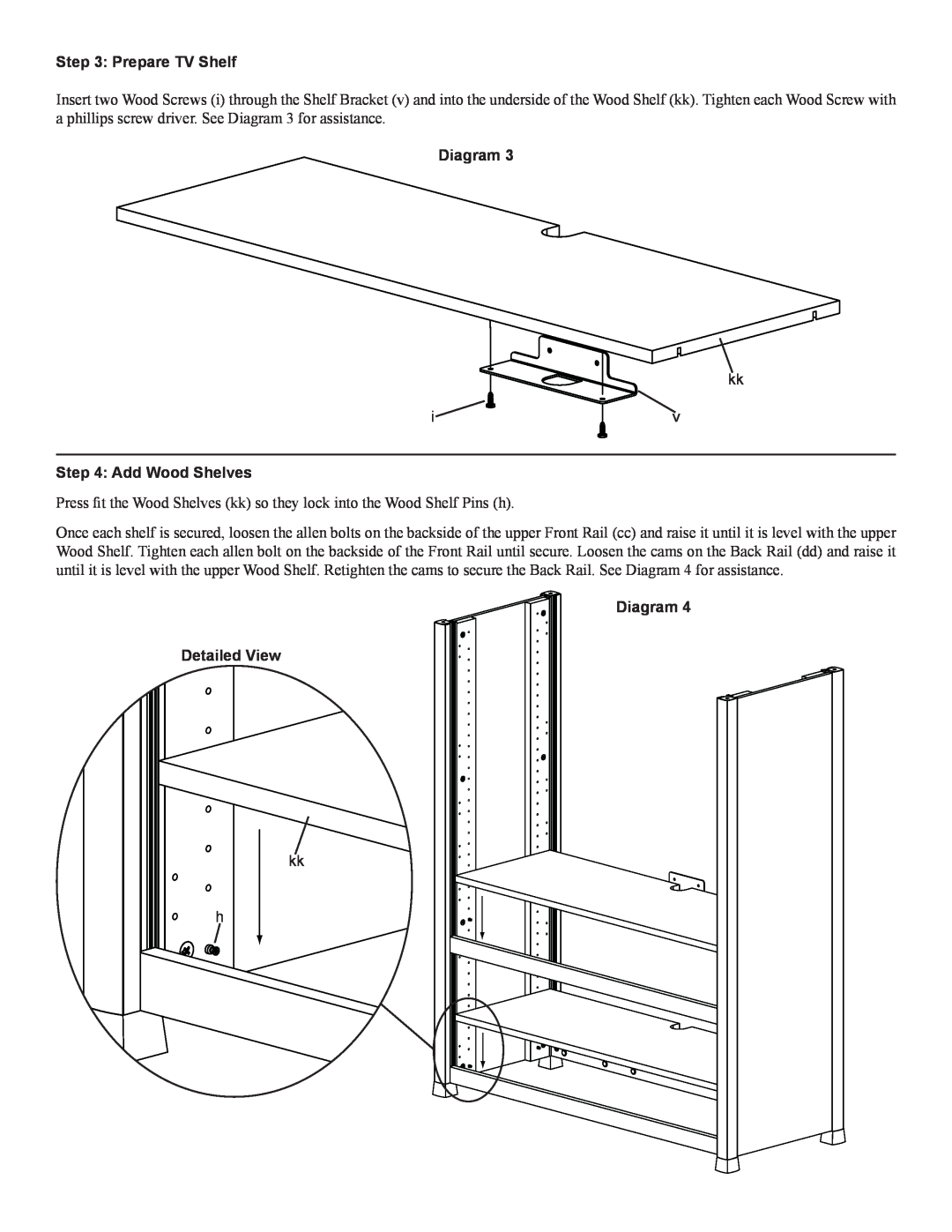 Sanus Systems CFAR47 manual Prepare TV Shelf, Add Wood Shelves, Diagram Detailed View 