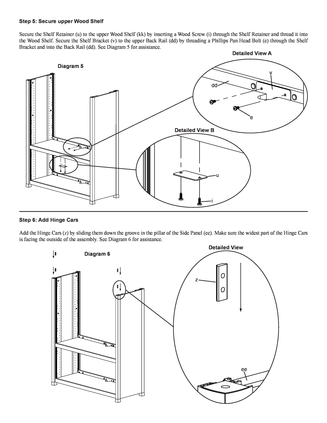 Sanus Systems CFAR47 manual Secure upper Wood Shelf, Add Hinge Cars, Detailed View Diagram, Detailed View A Diagram 