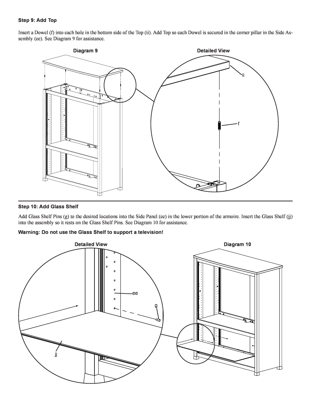 Sanus Systems CFAR47 manual Add Top, Add Glass Shelf, Warning Do not use the Glass Shelf to support a television, Diagram 