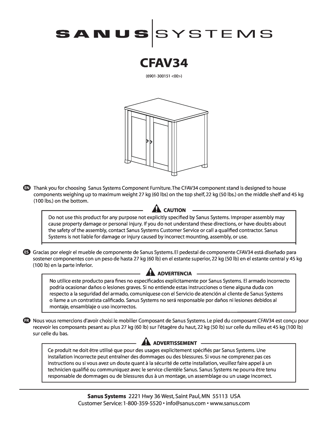 Sanus Systems CFAV34 manual Advertencia, Advertissement 