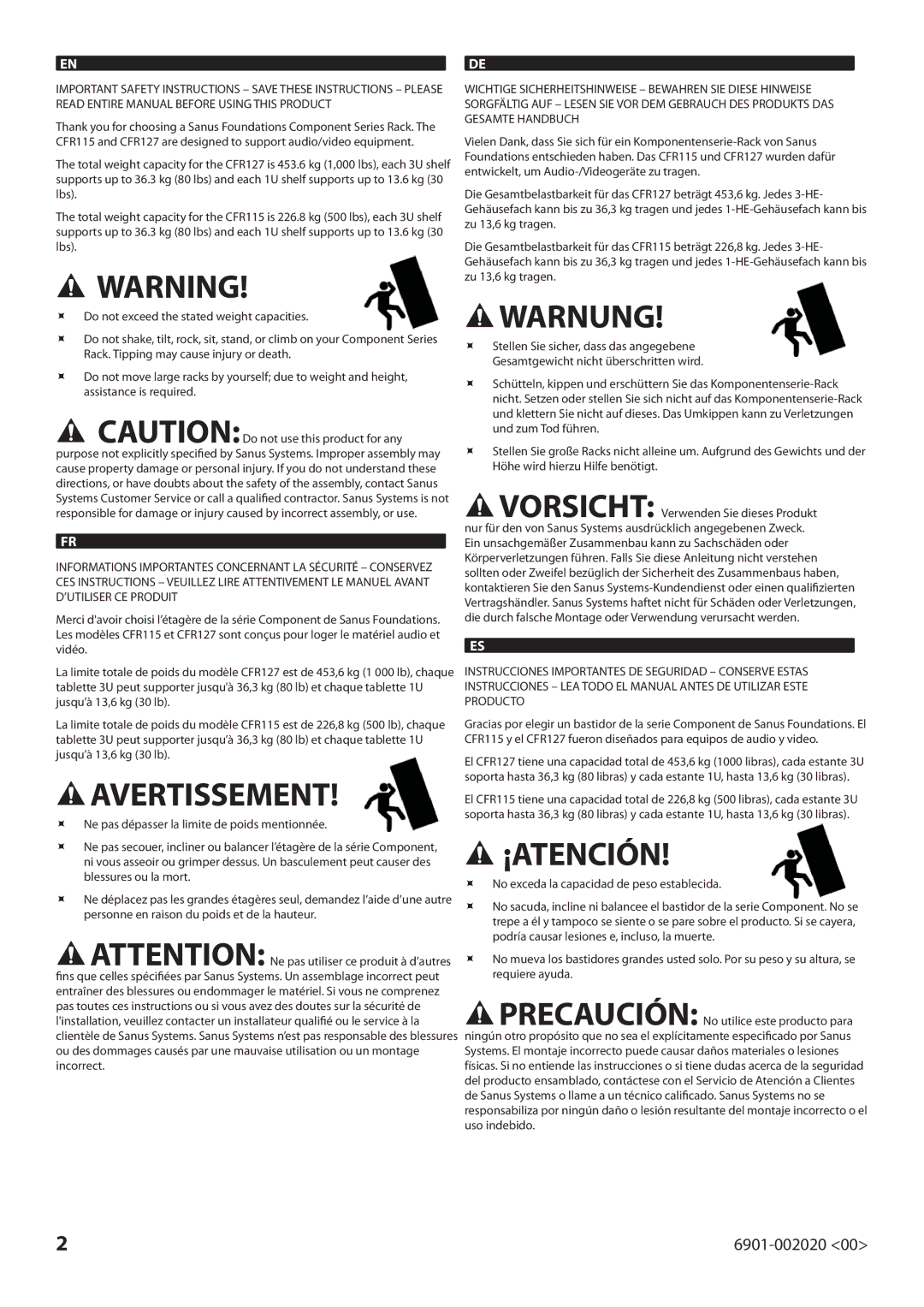 Sanus Systems CFR127, CFR115 manual Avertissement 