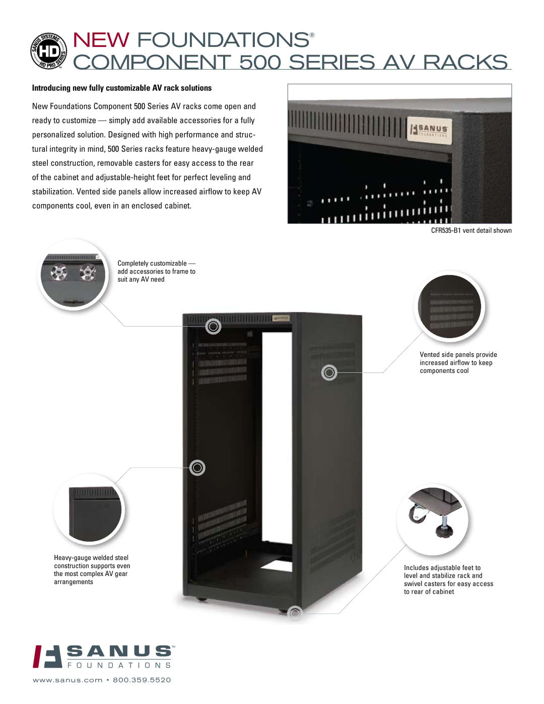 Sanus Systems CFR524-B1, CFR535-B1, CFR518-B1 manual NEW Foundations, Component 500 Series AV Racks 