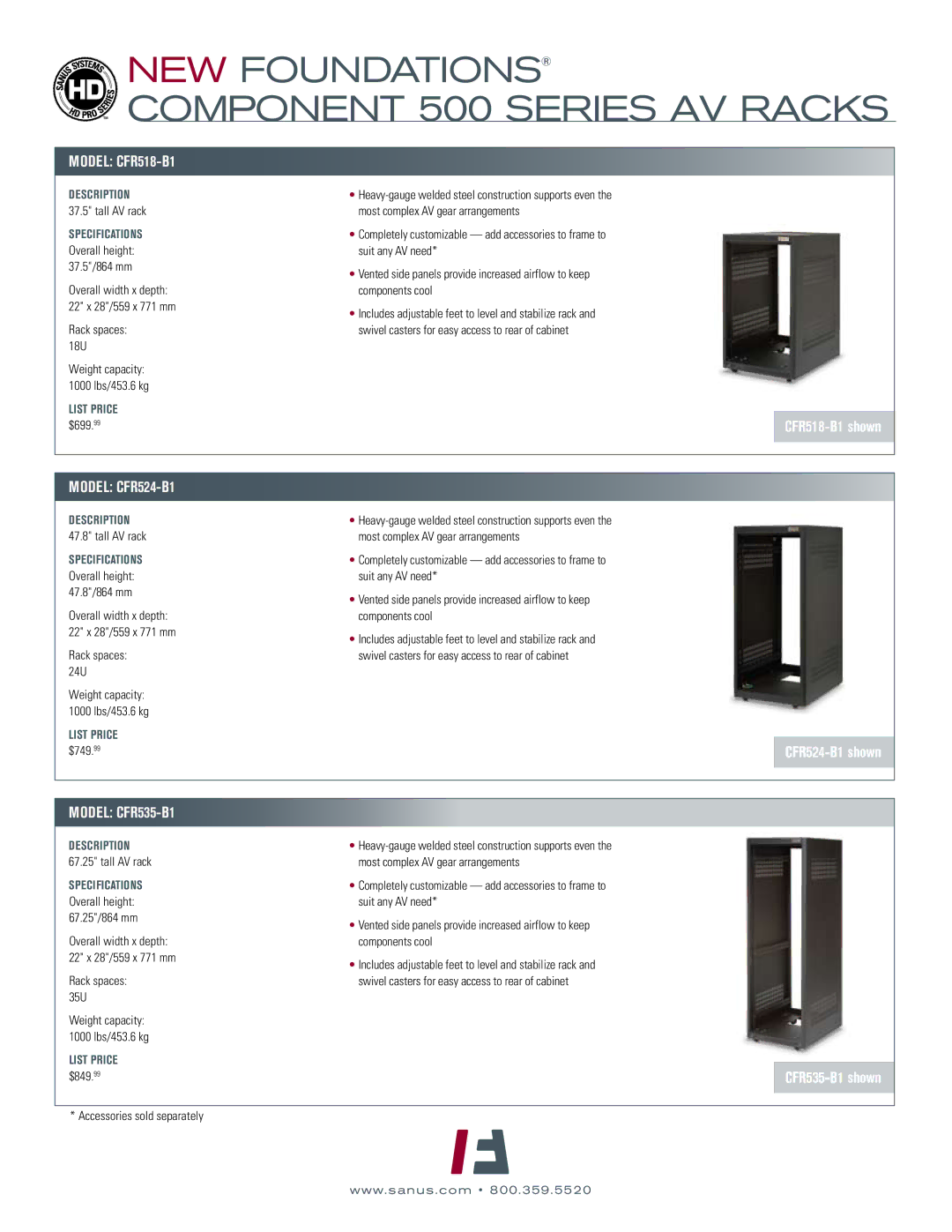 Sanus Systems 500 Series manual Model CFR518-B1, Model CFR524-B1, Model CFR535-B1, Description, List price 