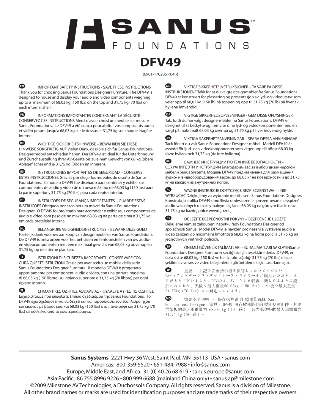 Sanus Systems DFV49 important safety instructions 