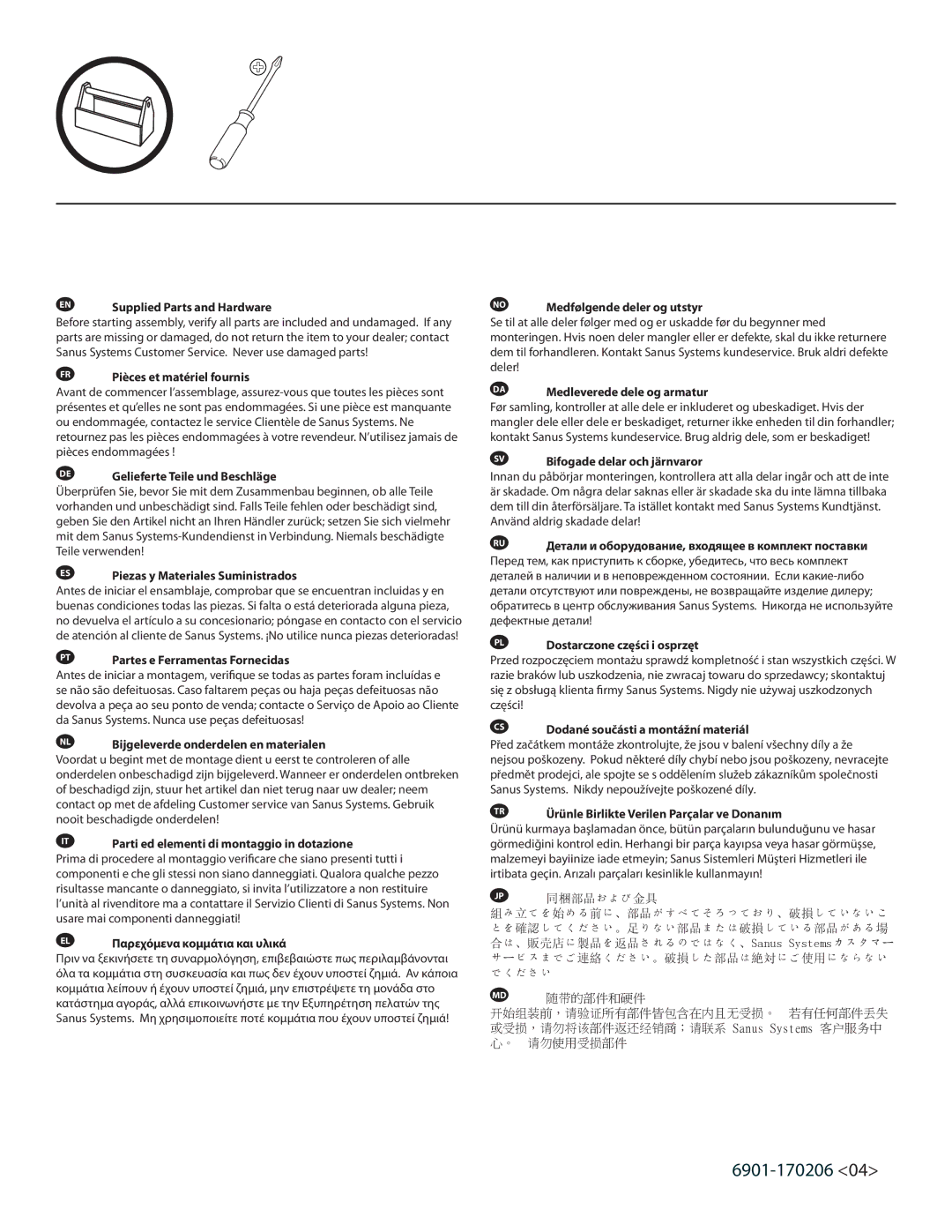 Sanus Systems DFV49 important safety instructions EN Supplied Parts and Hardware 