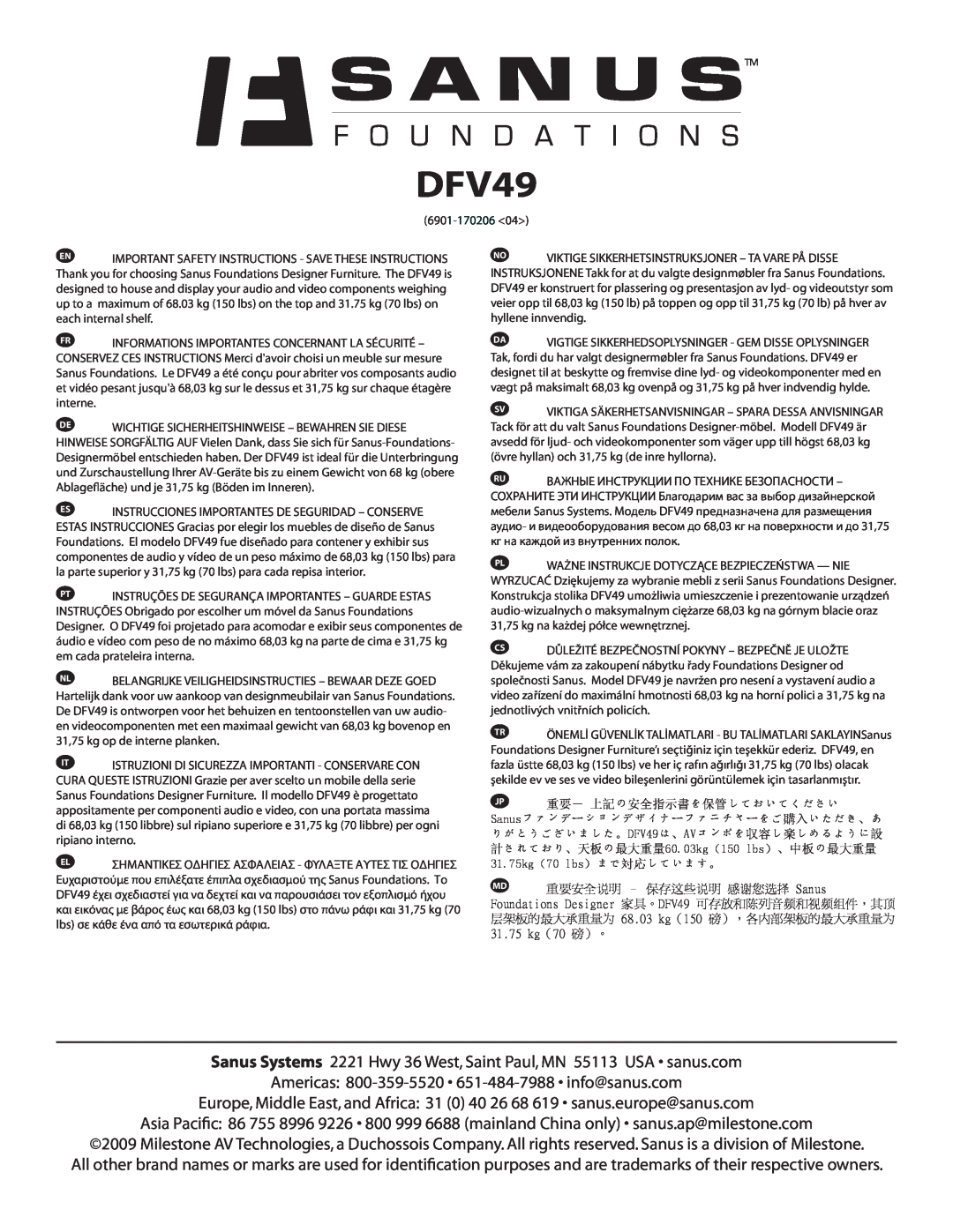Sanus Systems DFV49 important safety instructions 