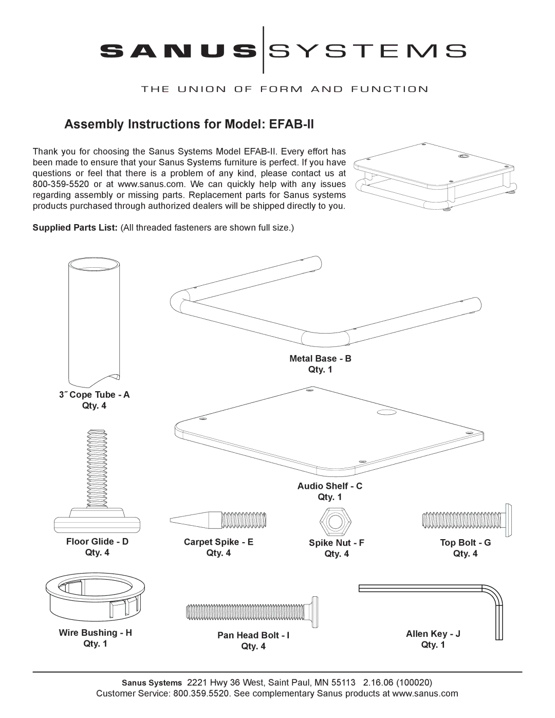 Sanus Systems manual Assembly Instructions for Model EFAB-II, Qty Allen Key J 