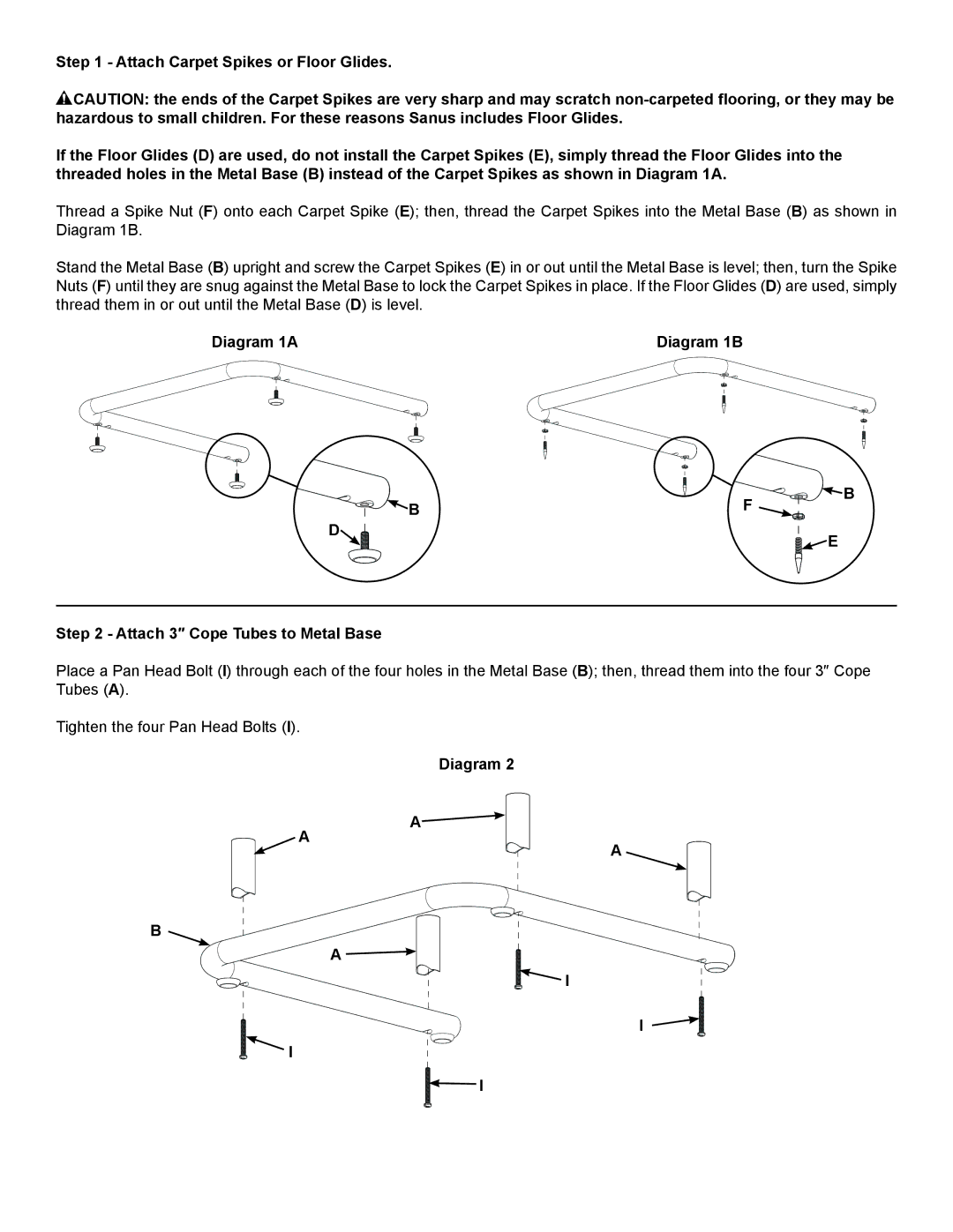 Sanus Systems EFAB-II manual Diagram 1A Diagram 1B Attach 3″ Cope Tubes to Metal Base 