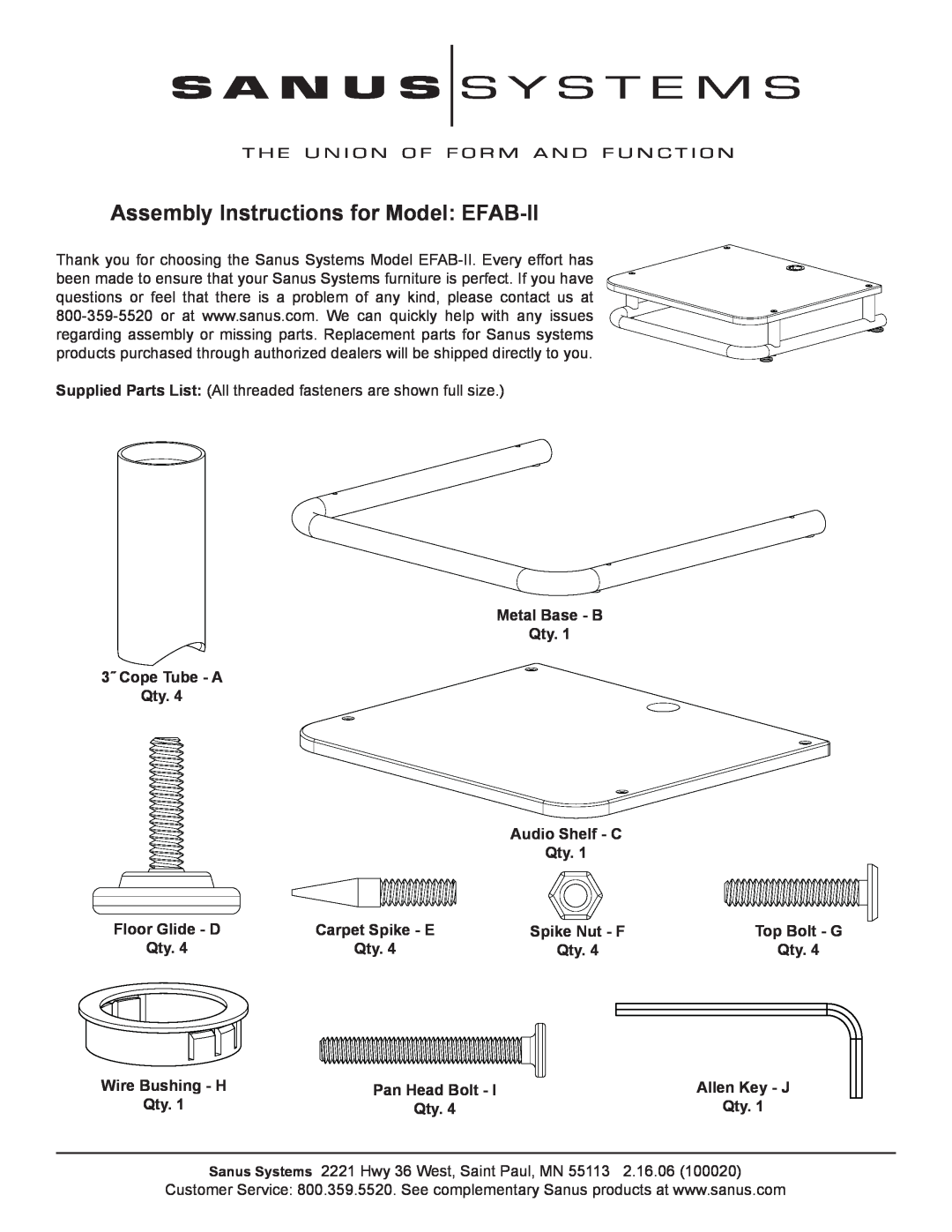 Sanus Systems manual Assembly Instructions for Model EFAB-II 