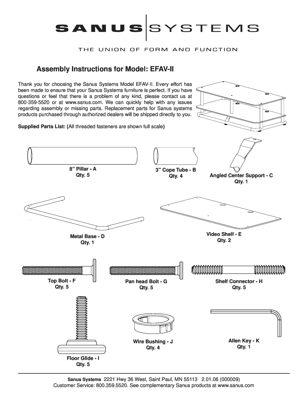 Sanus Systems manual Assembly Instructions for Model EFAV-II, 8” Pillar - A Qty. Metal Base - D Qty 