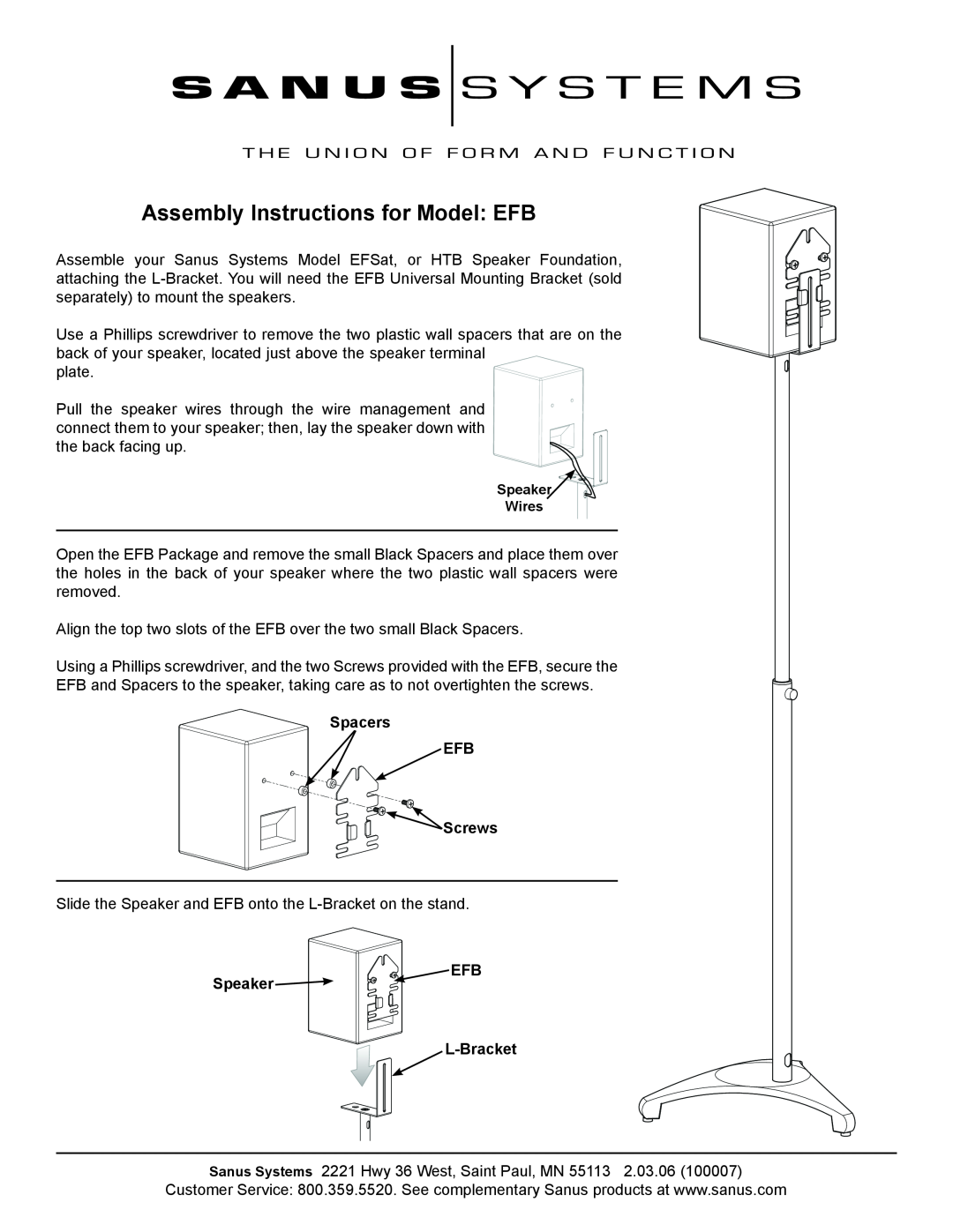 Sanus Systems manual Assembly Instructions for Model EFB, Spacers EFB Screws, Speaker, L-Bracket 