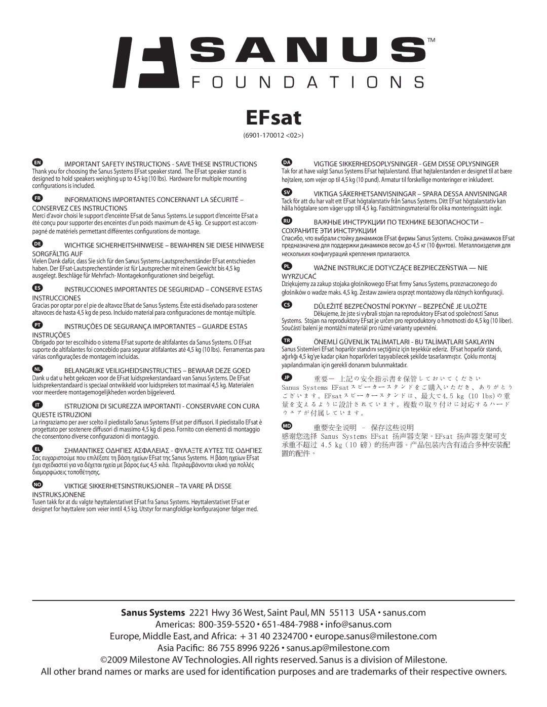 Sanus Systems EFSat important safety instructions EFsat 