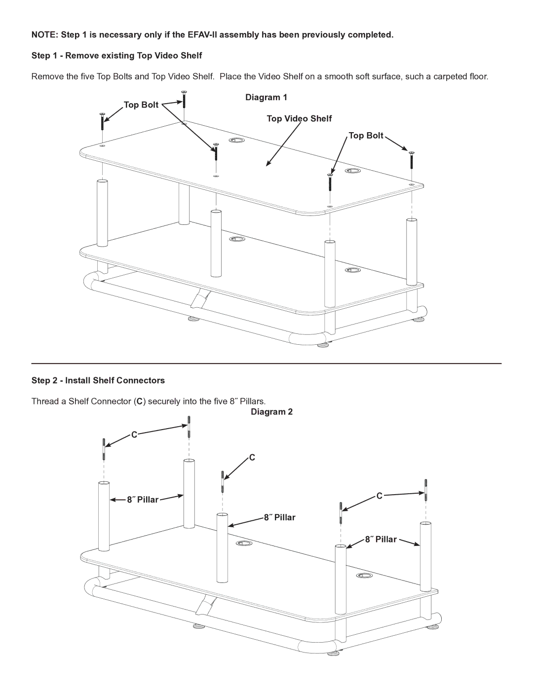 Sanus Systems EFVS-II manual Remove existing Top Video Shelf, Diagram Top Bolt Top Video Shelf Install Shelf Connectors 