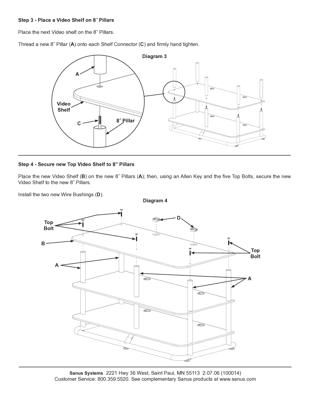 Sanus Systems EFVS-II Place a Video Shelf on 8˝ Pillars, Diagram Video Shelf, Secure new Top Video Shelf to 8 Pillars 