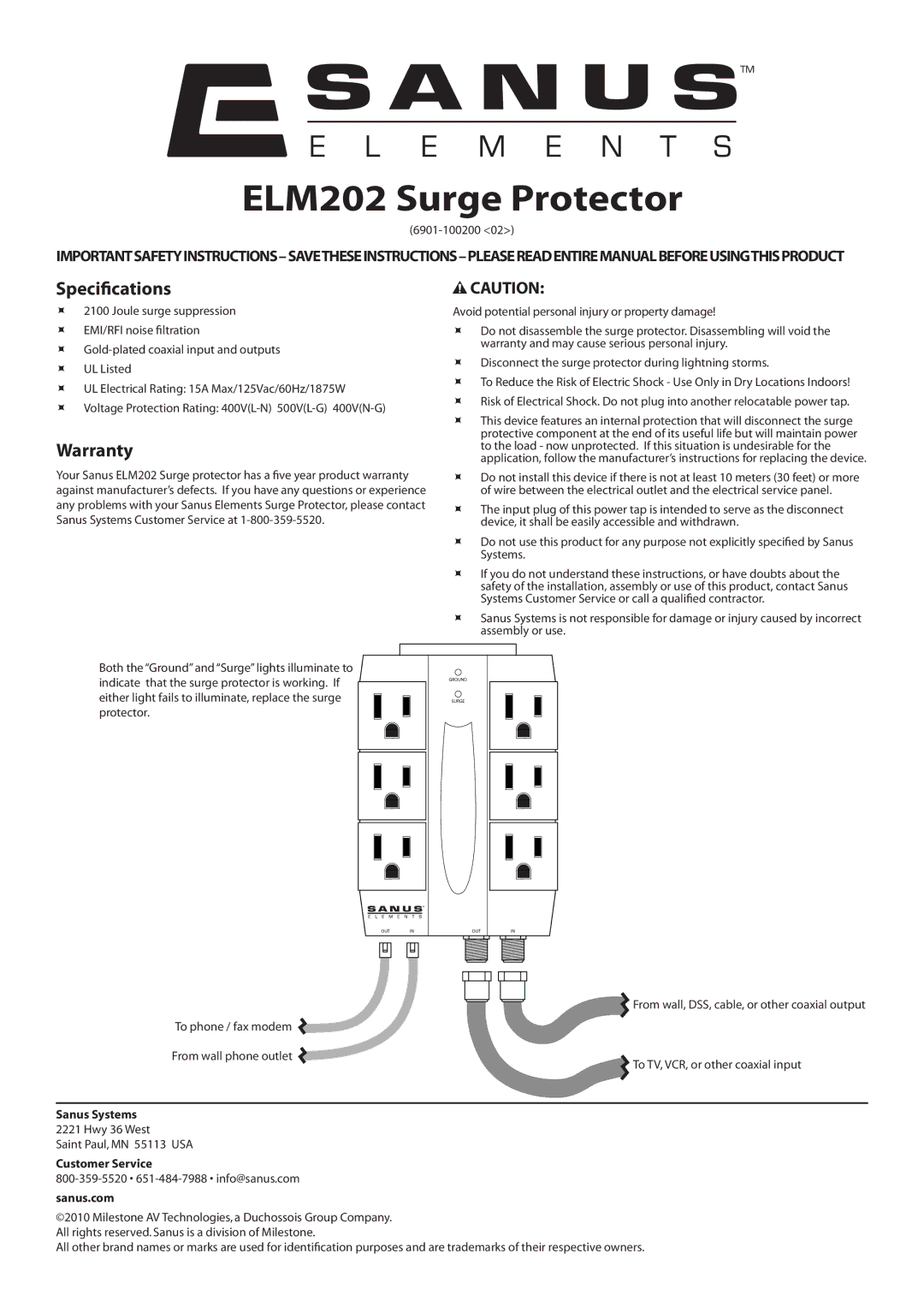 Sanus Systems warranty ELM202 Surge Protector, Specifications, Warranty 