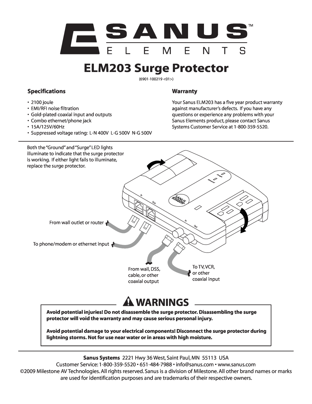 Sanus Systems specifications Warnings, ELM203 Surge Protector, Specifications, Warranty 