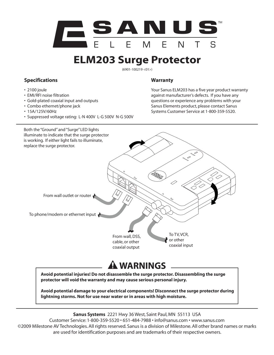 Sanus Systems specifications ELM203 Surge Protector, Specifications, Warranty 