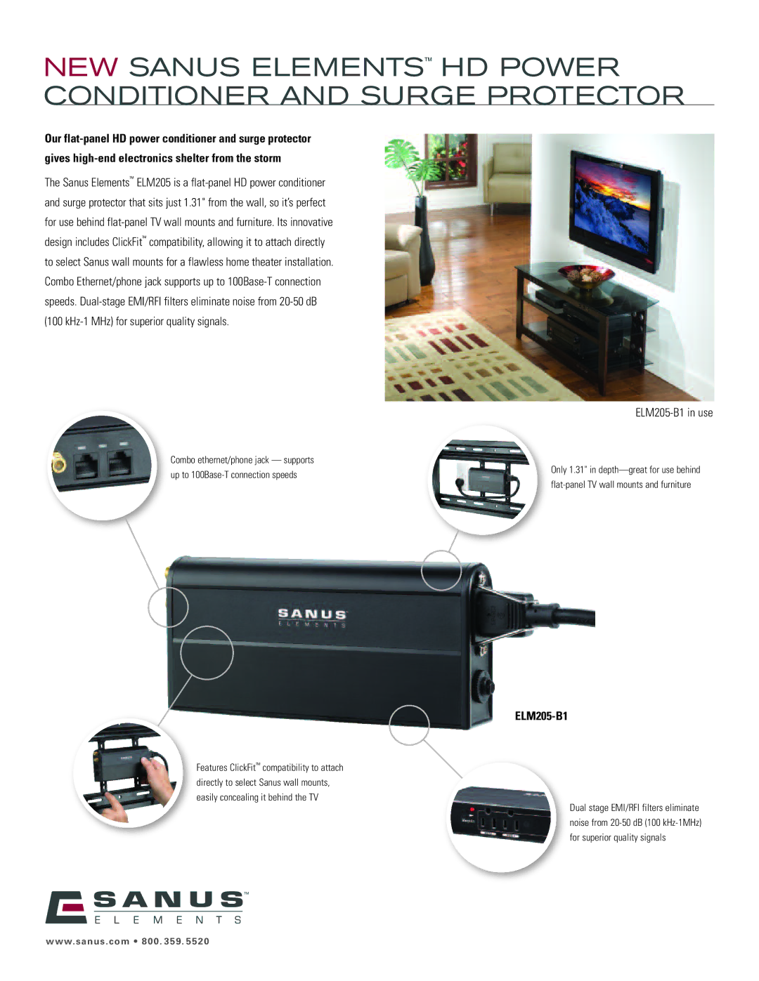 Sanus Systems ELM205-B1 manual NEW Sanus Elements HD Power Conditioner and Surge Protector 