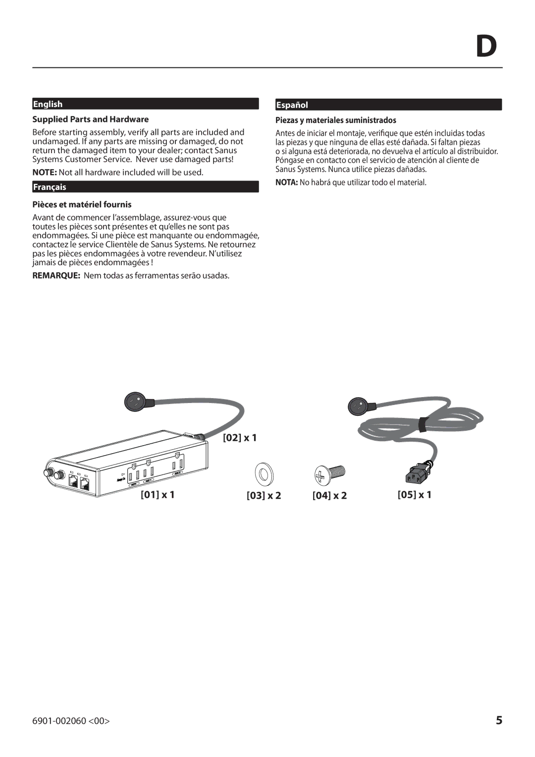 Sanus Systems ELM205 manual Supplied Parts and Hardware, Pièces et matériel fournis, Piezas y materiales suministrados 